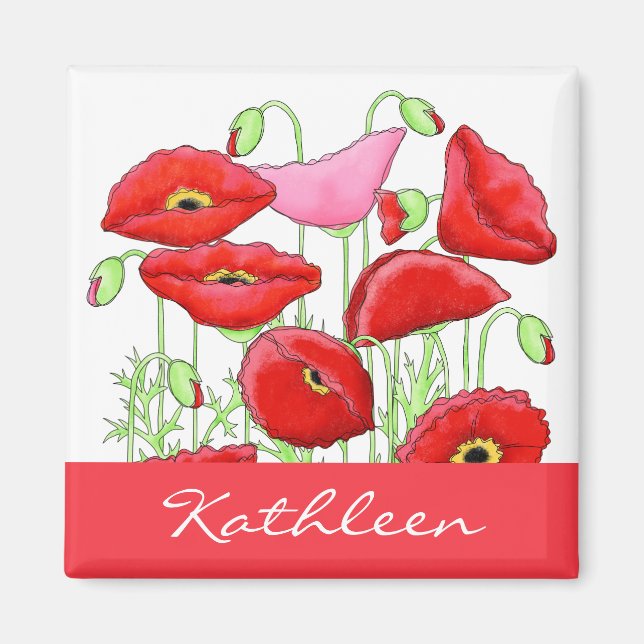 Personligen Anpassat namn för Red Rosa Poppies Art Magnet (Framsidan)
