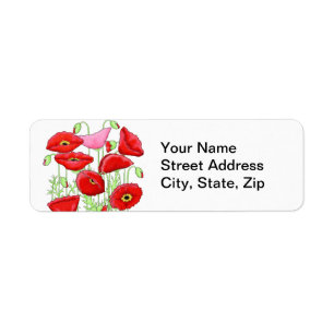 Personligen Anpassat namn för Red Rosa Poppies Art Returadress Etikett