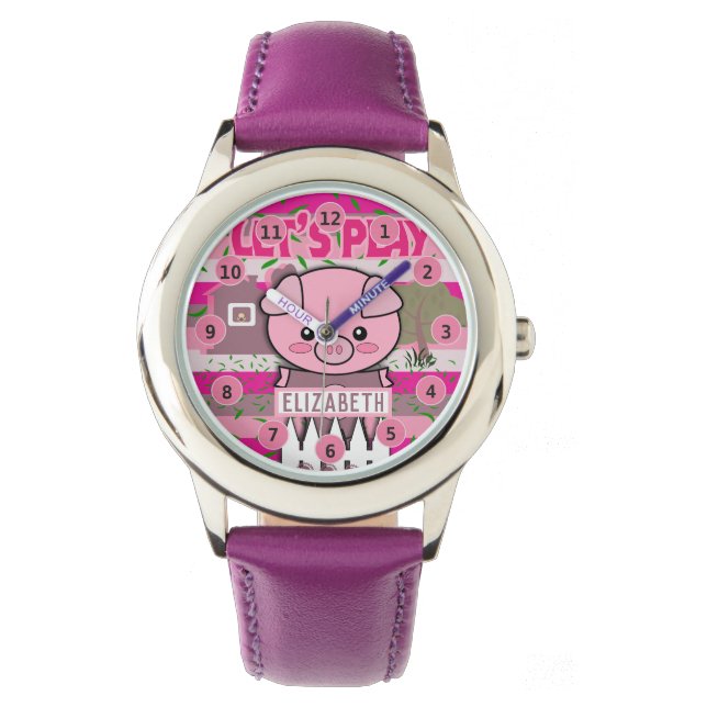 Personligen Anpassat namn Girls Gris Farm Kids Armbandsur (Framsida)