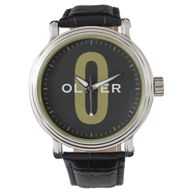 Personligen Anpassat namn Monogram Black Guld Whit Armbandsur (Framsida)