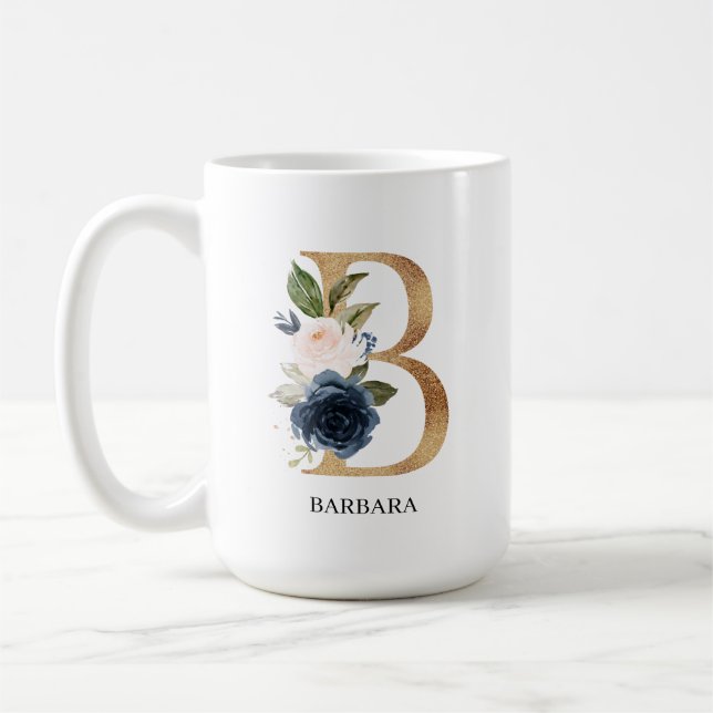 Personligen ’B’ för marin  Blommigt Brev Kaffemugg (Vänster)