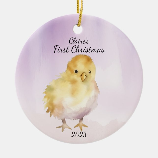 Personligen Baby Chick Rosa vid första jul Julgransprydnad Keramik (Framsidan)