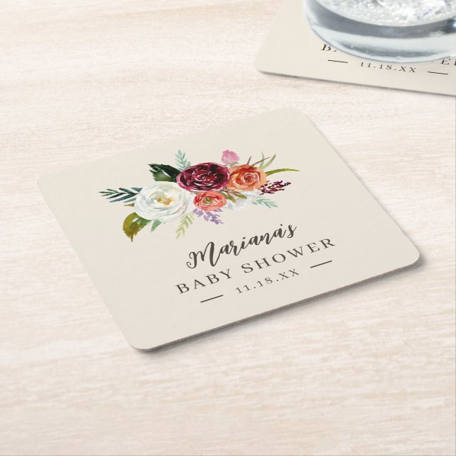 Personligen Baby Shower för hösten Boho-blommor Underlägg Papper Kvadrat (Vinklad)