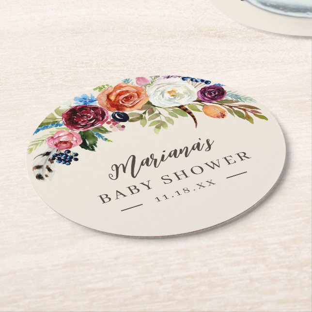 Personligen Baby Shower för hösten Boho-blommor Underlägg Papper Rund (Vinklad)
