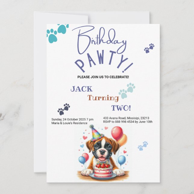 Personligen Birthday Pawty Boxer Hund Birthday Inbjudningar (Framsida)