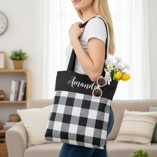 Personligen Black and White Buffalo Play Tygkasse (Black and White Buffalo Plaid Personalized Tote Bag, spring/ summer.  Add your name or special text.)