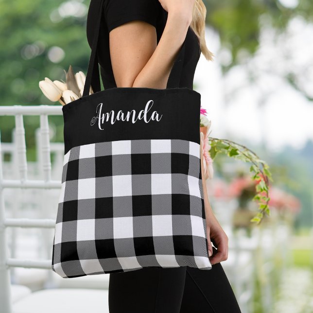 Personligen Black and White Buffalo Play Tygkasse (Black and White Buffalo Plaid Personalized Tote Bag, spring/ summer.  Add your name or special text.)