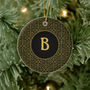 Personligen Black & Guld Filigree Monogram Julgransprydnad Keramik