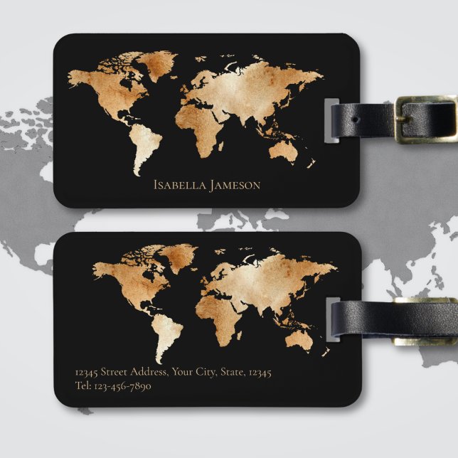 Personligen Black Guld Watercolor World Map Bagagebricka (Skapare uppladdad)