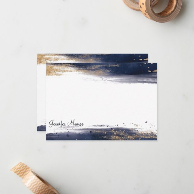 Personligen Blått och guld vattenfärga penseldrag Anteckningskort (Fram/Back In Situ)