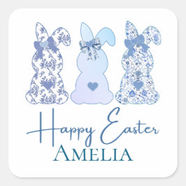 Personligen Blåvit Blommigt Bow för påskhare Fyrkantigt Klistermärke