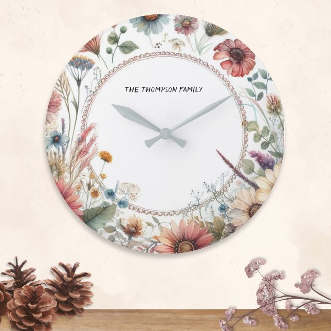 Personligen Blommigt för höstblommor, Elegant, nat Stor Klocka (A wall clock with elegant Autumn flowers border and personalized with name)