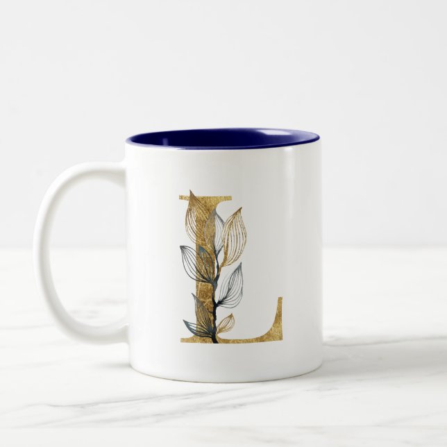 Personligen blommigt Guld Navy Blue Löv Monogram Två-Tonad Mugg (Vänster)
