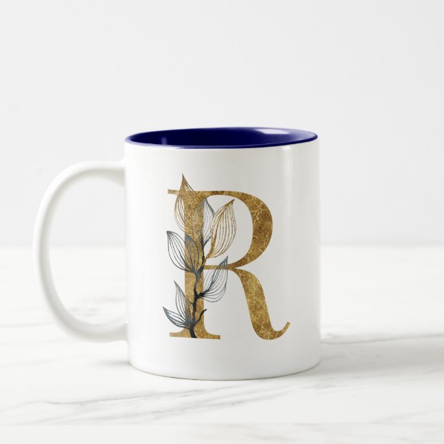 Personligen blommigt Guld Navy Blue Löv Monogram Två-Tonad Mugg (Vänster)