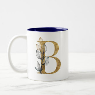 Personligen blommigt Guld Navy Blue Löv Monogram Två-Tonad Mugg