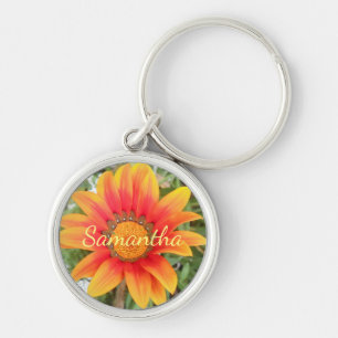 Personligen Blomning med en Orange Rund Silverfärgad Nyckelring