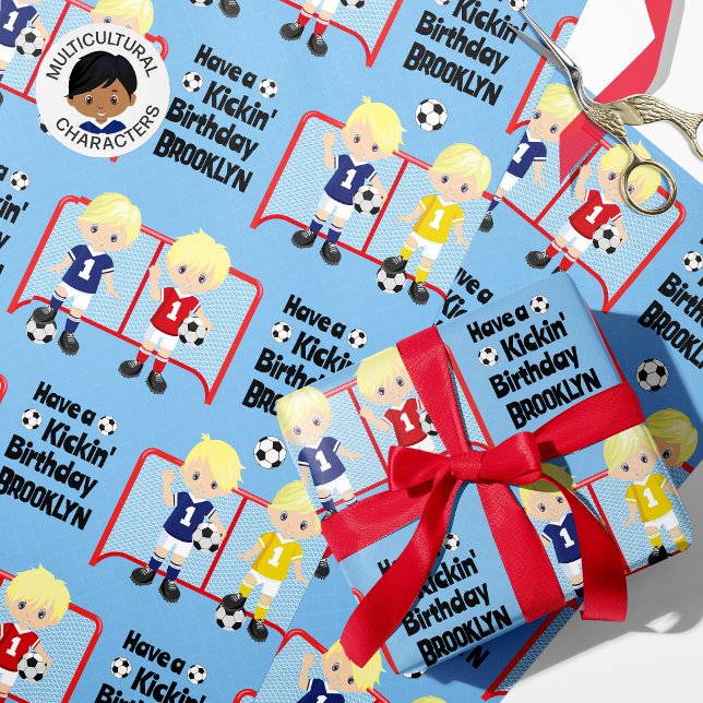 Personligen Blonde Boy Soccer Birthday Presentpapper (Skapare uppladdad)