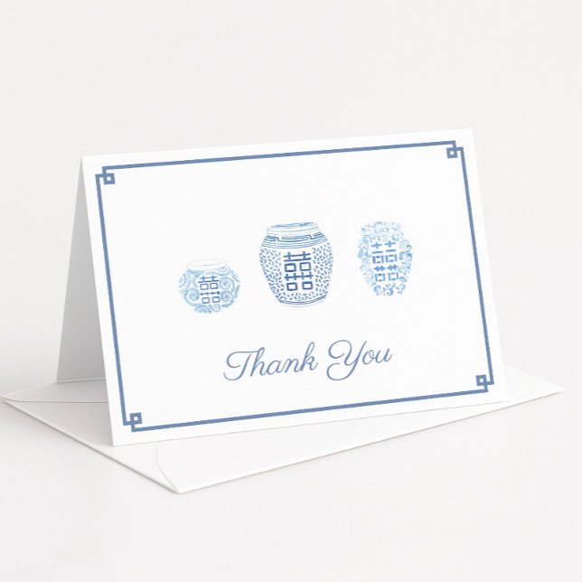Personligen Blue and White Preppy Ginger Burk Tack Kort (Elegant thank you cards featuring watercolor ginger jars with dark blue greek key border)