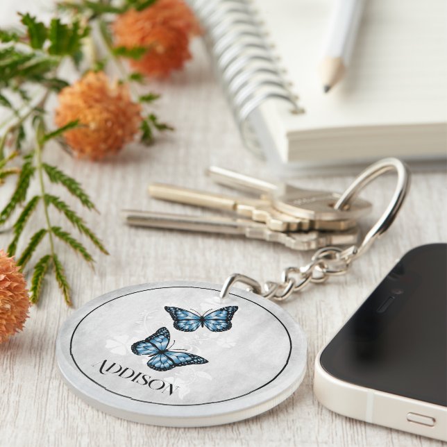 Personligen Blue Butterfly Blommigt Keychain (Högra Framsidan)