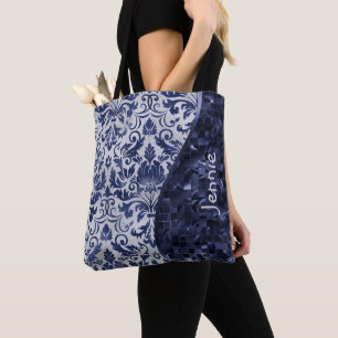 Personligen Blue Glitter Damask Pattern Glam Wave Tygkasse