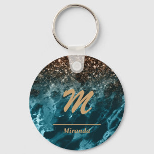Personligen Blue Marble ro guld glitter Mongram Nyckelring