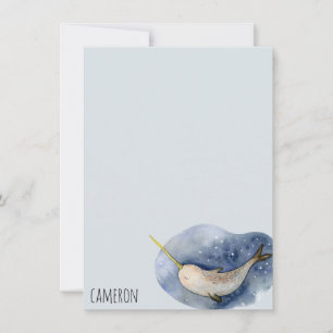 Personligen Blue Narwhal Modern Watercolor Ocean Anteckningskort