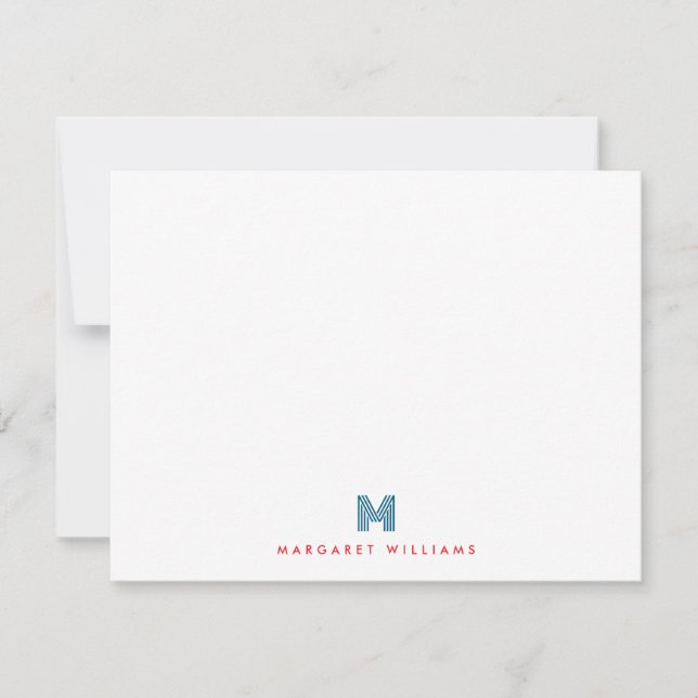 Personligen Blue Red Modern Art Deco Monogram Anteckningskort (Framsida)