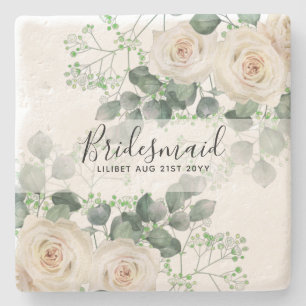Personligen Bridesmaid Gifts Vit ros Theme Stenunderlägg