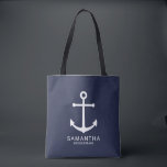 Personligen Bridesmaid Nautical Navy Blue Anchor Tygkasse<br><div class="desc">Modern Minimalistisk marin Personlig av blå ankarplatta med vit ankarpunkt och personlig med namn med rubrik i vitt,  modernt sans serif-teckensnitt stil på marin blå bakgrund. Även perfekt för maid of honor,  blomsterflicka,  budens mamma med mera.</div>