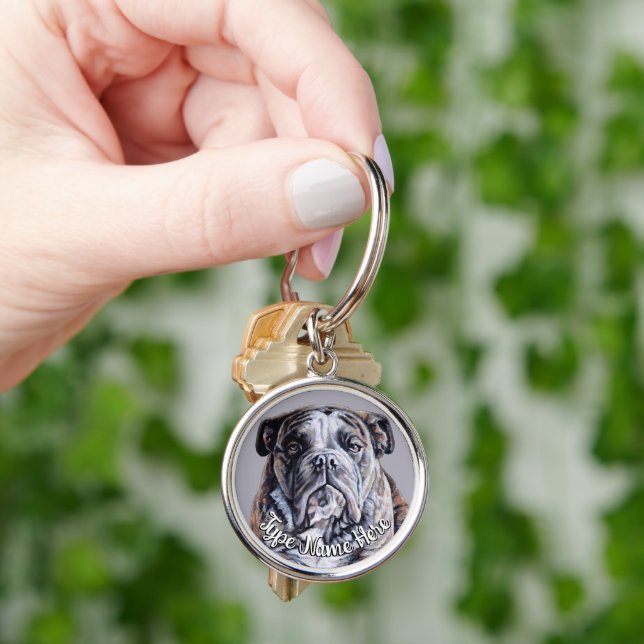 Personligen Bulldog Keychain Engel Bulldog Gift Rund Silverfärgad Nyckelring (Hand)