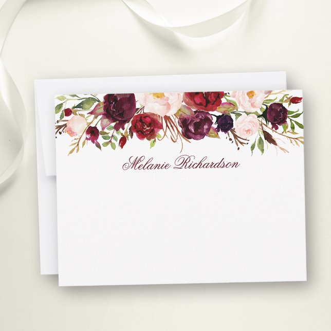 Personligen Burgundy-Blommigt för vattenfärg Anteckningskort (Customize to change text size, color, style or to add more text to front or back of card.)