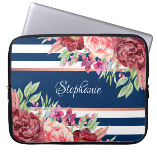 Personligen Burgundy Blommigt Navy Blue Rand Laptop Fodral