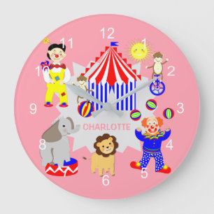 Personligen Circus Tält Tecknad Clowns & Animals Stor Klocka