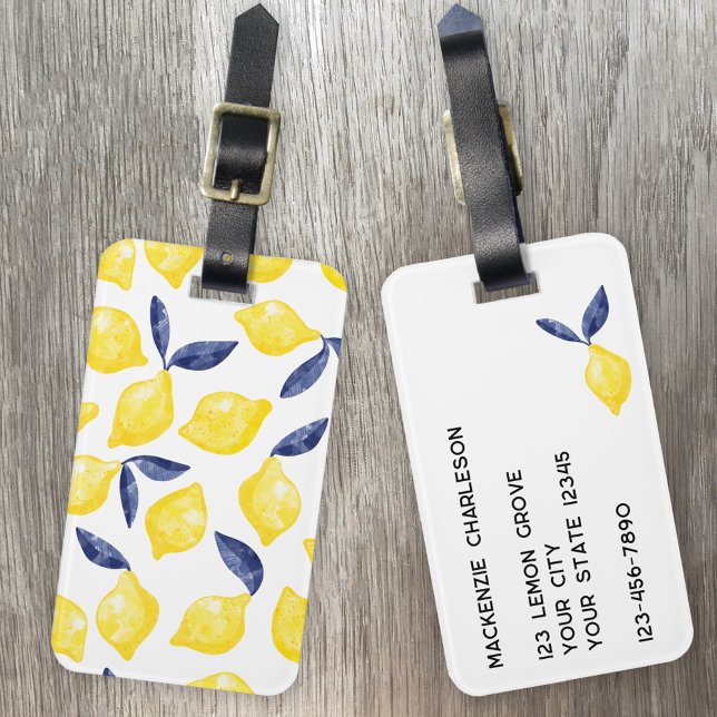 Personligen Citrus Watercolor Bagagebricka (Fresh watercolor lemon pattern citrus Mediterranean themed personalized luggage tag)