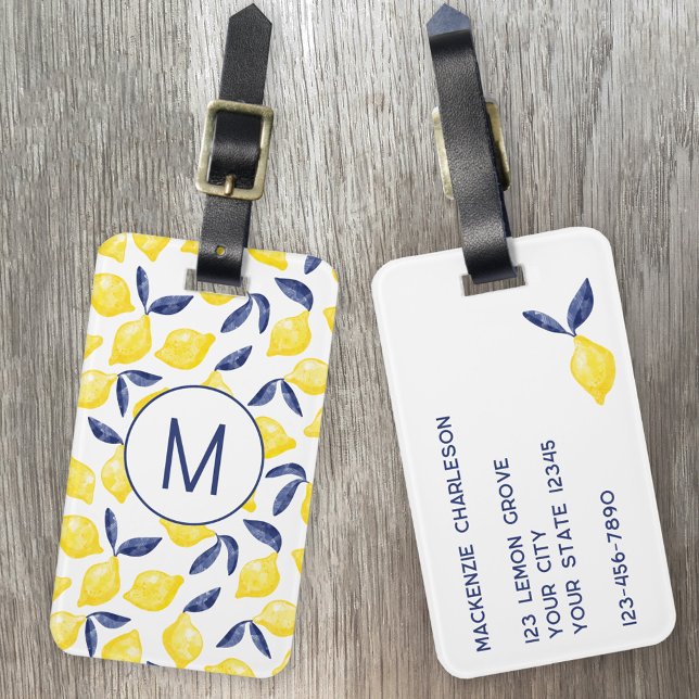 Personligen Citrus Watercolor Monogram Bagagebricka (Monogram initial personalized watercolor lemon citrus Mediterranean luggage tag)