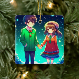Personligen Cute Anime par Holding Händer Julgransprydnad Keramik