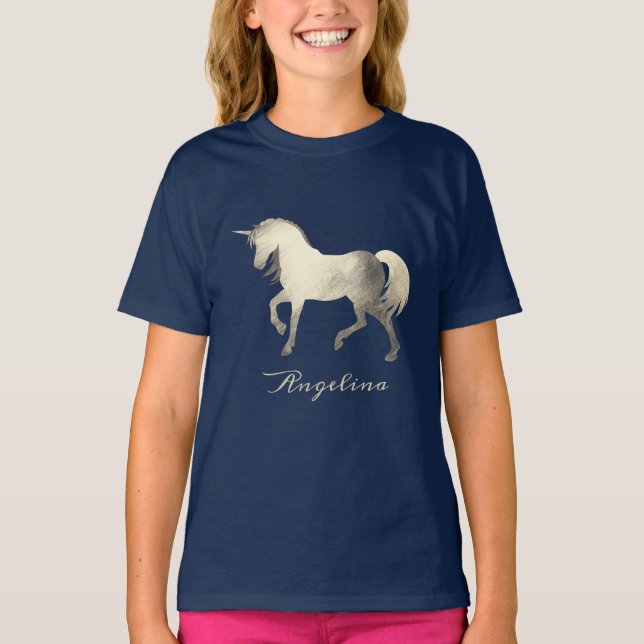Personligen Cute Girly & Chic Silver Foil Unicorn T Shirt (Framsida)