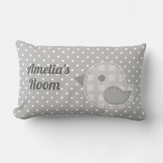 Personligen Cute Grått Baby Bird and Polka Dot Lumbarkudde (Framsida)