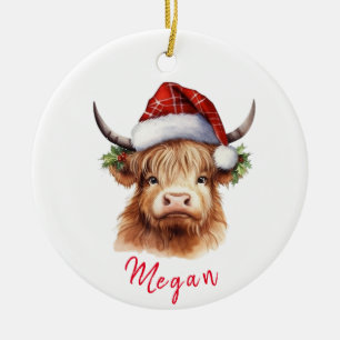 Personligen Cute Highland Cow Santa Santa Hat Julgransprydnad Keramik