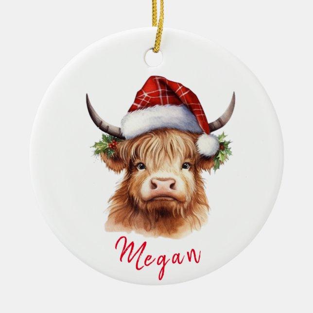 Personligen Cute Highland Cow Santa Santa Hat Julgransprydnad Keramik (Framsidan)