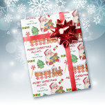 Personligen Cute Jultomten, julsötsaker Presentpapper<br><div class="desc">Här är en ljus, färgstark och roligt julomslutning papper för barn som du kan anpassa med namn och ditt! Den har en glad bild av Jultomten med en hel massa gåvor och en dålig gingerkaka tåg med pepparmynta hjul. Tillsammans med dessa bilder är en grönt en skummad kaka från Helgdag...</div>