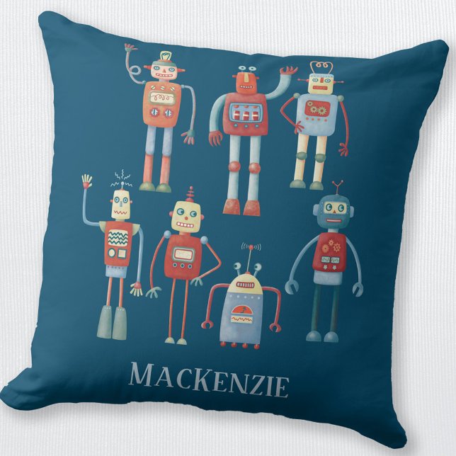 Personligen Cute Robots Kudde (Fun personalized retro robot throw pillow)