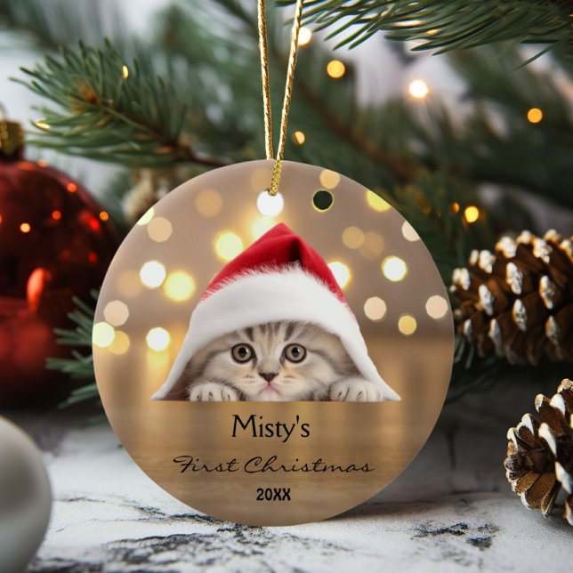 Personligen Cute Scottish Fold Cat Santa Hat Guld Julgransprydnad Keramik (Skapare uppladdad)