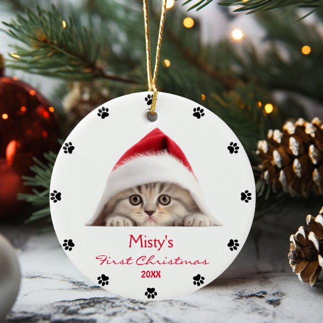 Personligen Cute Scottish Fold Cat Santa Hat Tass Julgransprydnad Keramik (Skapare uppladdad)