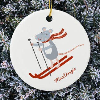 Personligen Cute Skiing Mouse Julgransprydnad Keramik