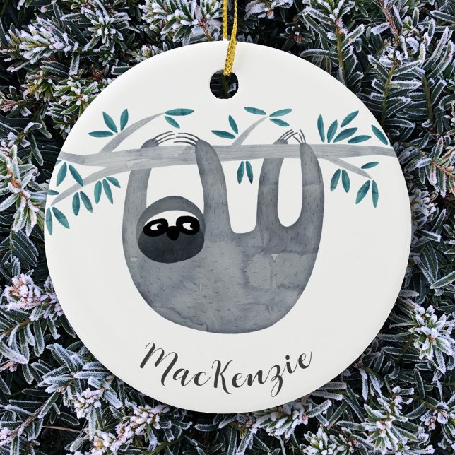 Personligen Cute Sloth Julgransprydnad Keramik (Cute watercolor sloth personalized name script ceramic ornament)