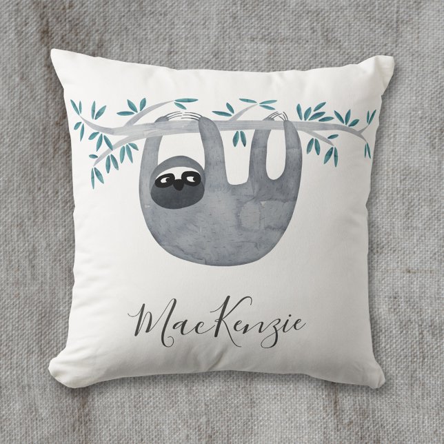 Personligen Cute Sloth Kudde (Cute watercolor sloth art personalize script name throw pillow)
