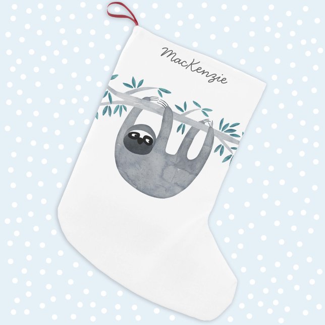 Personligen Cute Sloth Liten Julstrumpa (Cute watercolor sloth art personalized modern script name Christmas stocking)