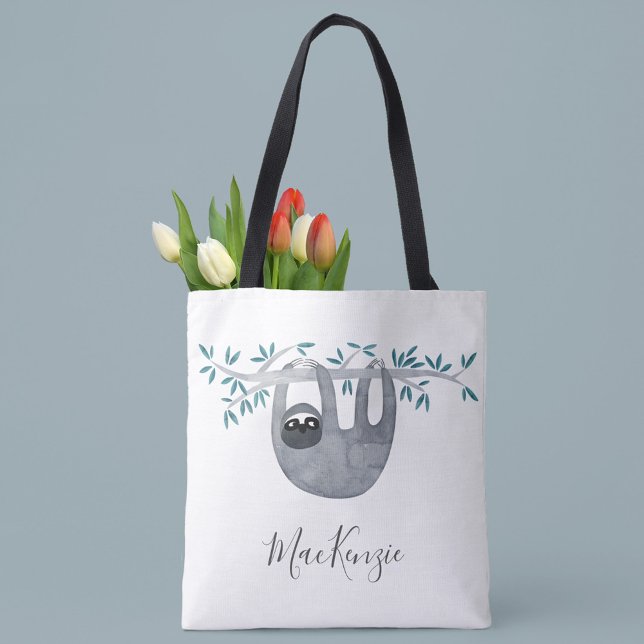 Personligen Cute Sloth Tygkasse (Watercolor sloth personalized script name tote bag)