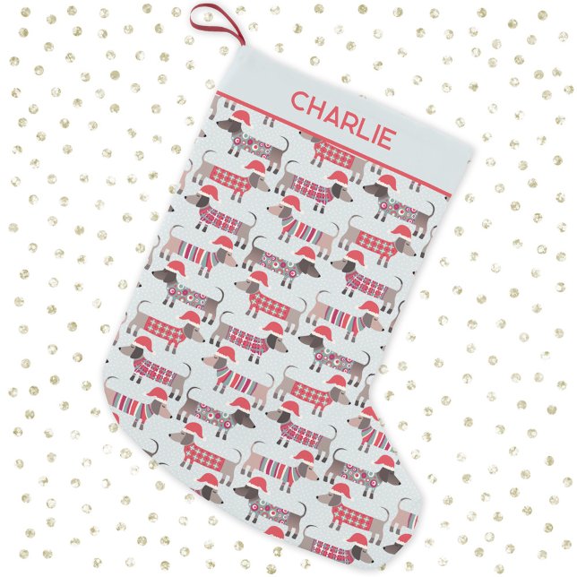 Personligen Dachshund Sause Hundar jul Hats  Liten Julstrumpa (Fun dachshund wiener sausage dogs in Santa Hats pattern personalized Christmas stocking)